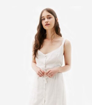 White Linen Button-Down Midi Dress