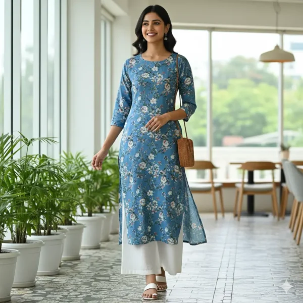 Blue Floral Rayon Straight Kurti for Women