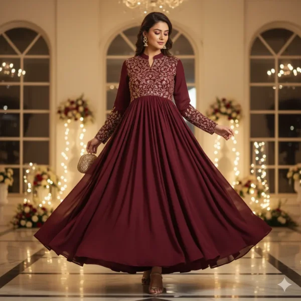 Maroon Rayon Embroidered Anarkali Kurta for Festive Wear