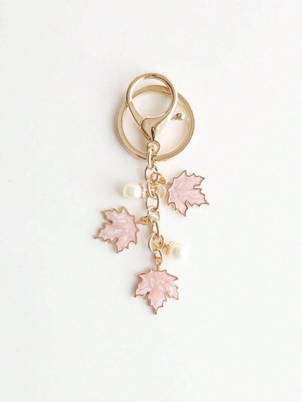 Elegant Pink Leaf Charm Keychain for Women – Gold-Plated Keyring with Pearls | Cute & Stylish Bag Charm / Key Holder
