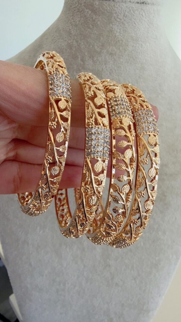 Premium Gold-Plated CZ Stone Floral Cutwork Bangles for Women – Set of 4 | Bridal & Party Wear Jewellery