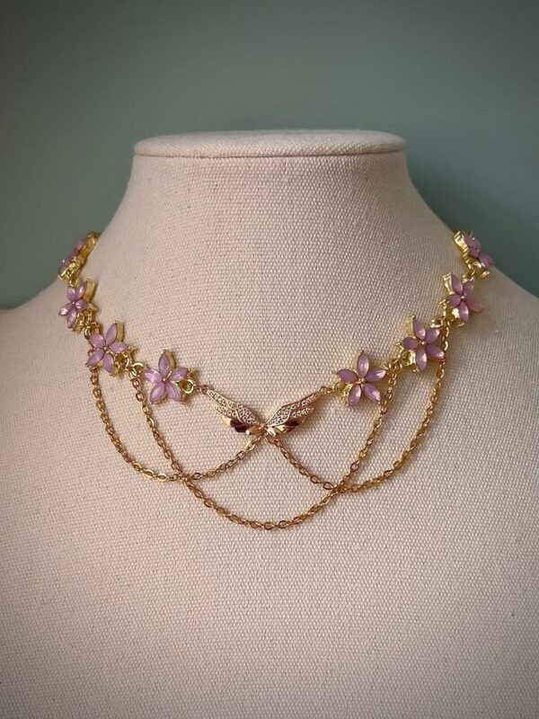 Gold-Plated Pink Floral Layered Necklace for Women – Elegant Butterfly Accent Chain | Party, Festive & Casual Wear Jewellery