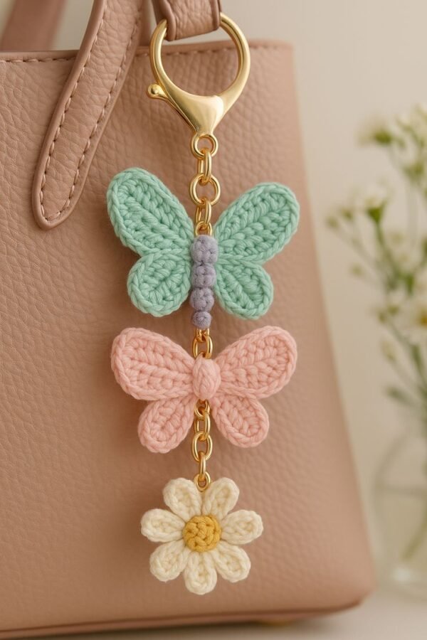 Handmade Crochet Butterfly & Flower Keychain – Cute Bag Charm for Women & Girls