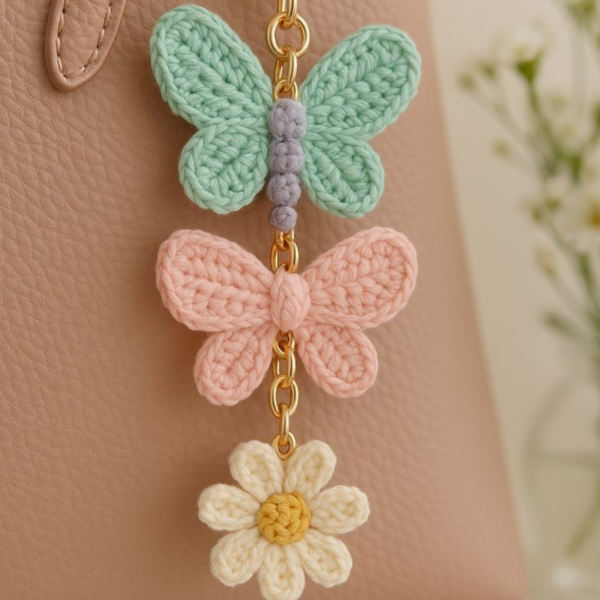 Handmade Crochet Butterfly & Flower Keychain – Cute Bag Charm for Women & Girls | Aesthetic Wool Keyring with Gold Hook